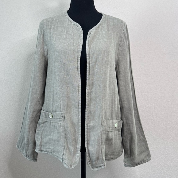 Tahari Linen Blend Open Front Jacket Women’s M Sage Lagenlook Minimalist Blazer - Picture 1 of 7